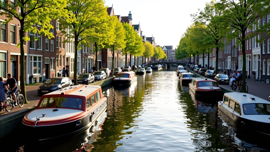 Amsterdam grachtenhuizen en bootjes aan het water met stadsmensen op bruggen