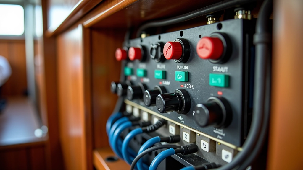Elektrische controlekast van woonboot met schakelaars en zekeringen