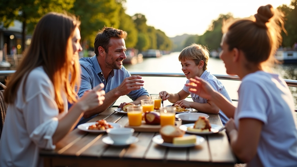 Familie geniet van ontbijt op het dek van een woonboot met water uitzicht