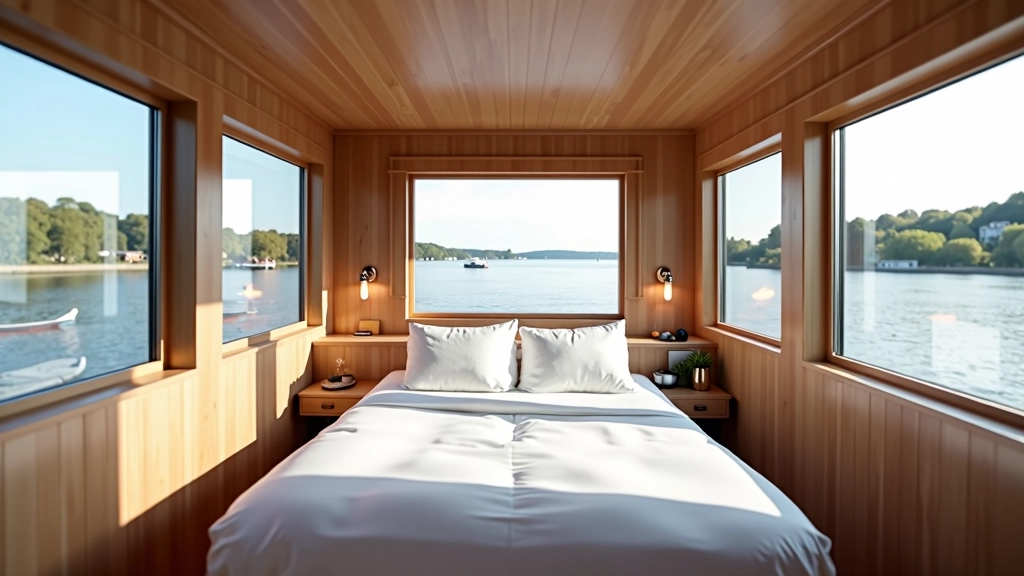 Interieur van een moderne woonboot met ramen die uitzicht geven op het water