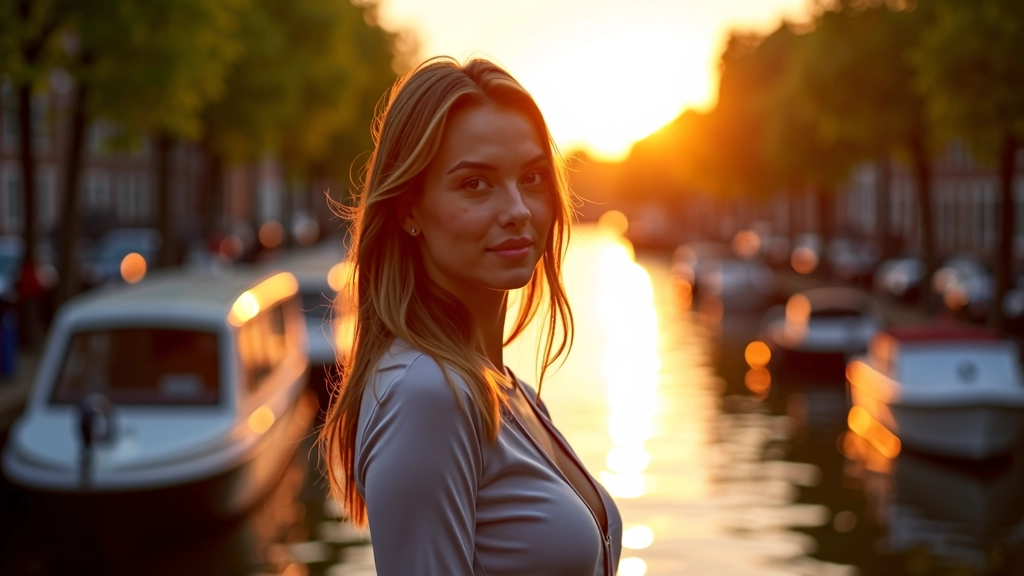 Persoon staat op een woonbootdek met uitzicht op Amsterdam kanaal bij zonsondergang