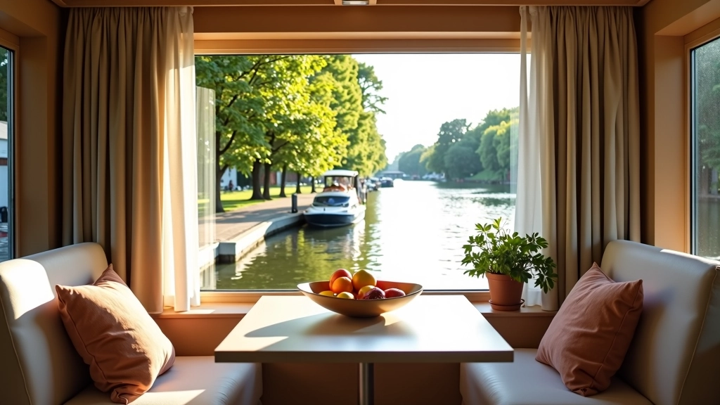Zomerscène van open ramen op woonboot met frisse lucht en wateruitzicht